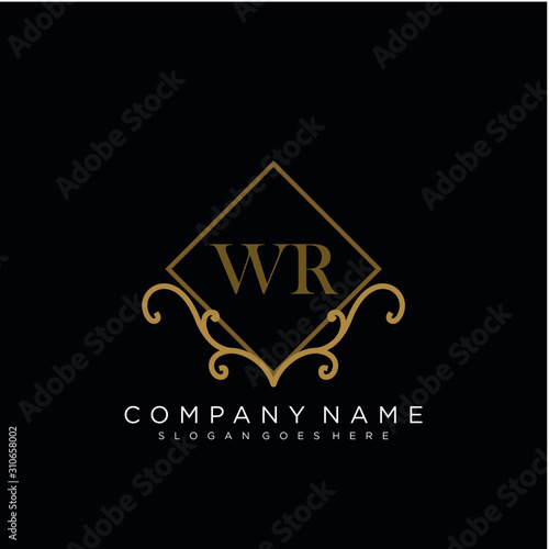 Initial letter WR logo luxury vector mark, gold color elegant classical
