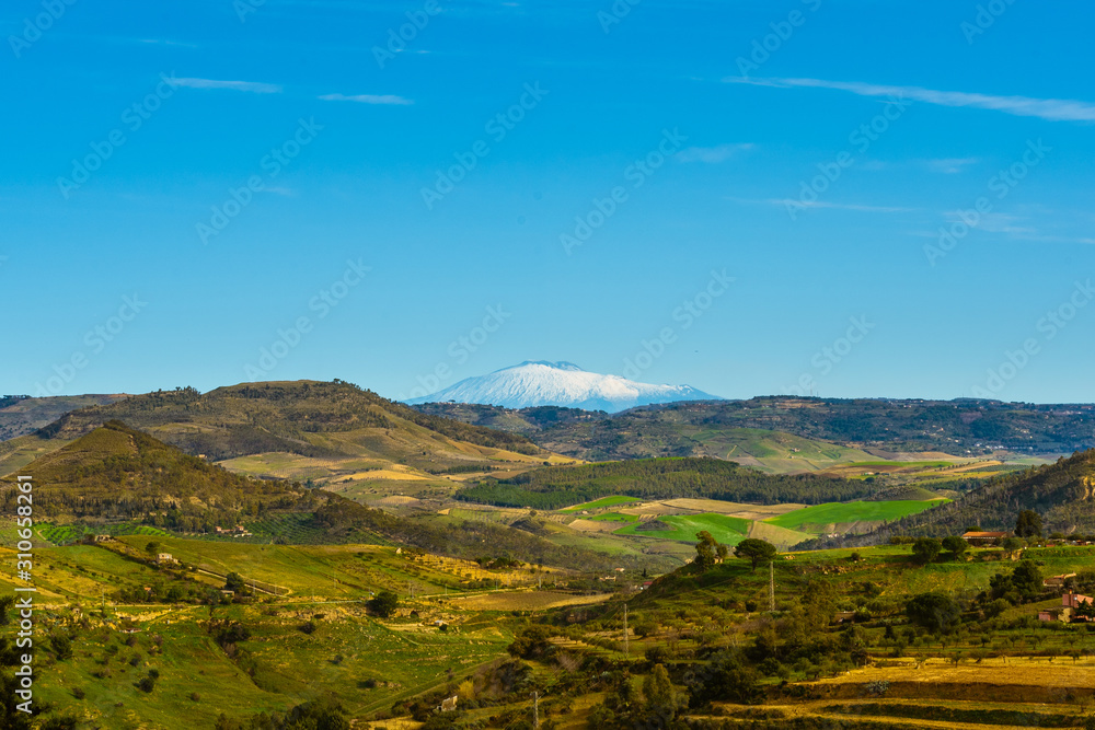 View of Mount Etna from Mazzarino, Caltanissetta, Sicily, Italy, Europe