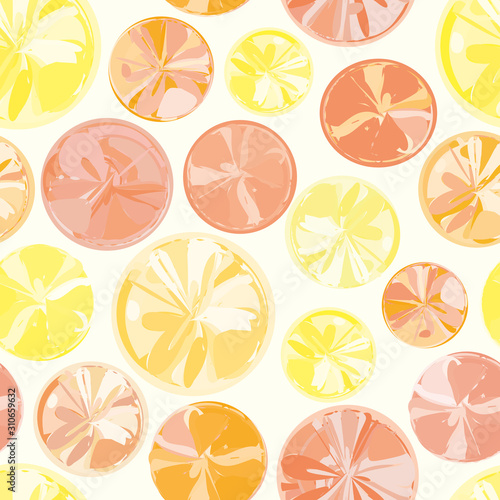 Abstract painterly slices of lemon, orange and grapefruit with irregular edges. Seamless vector pattern on white background. Great for wellness, health products, summer, packaging, fabric, stationery