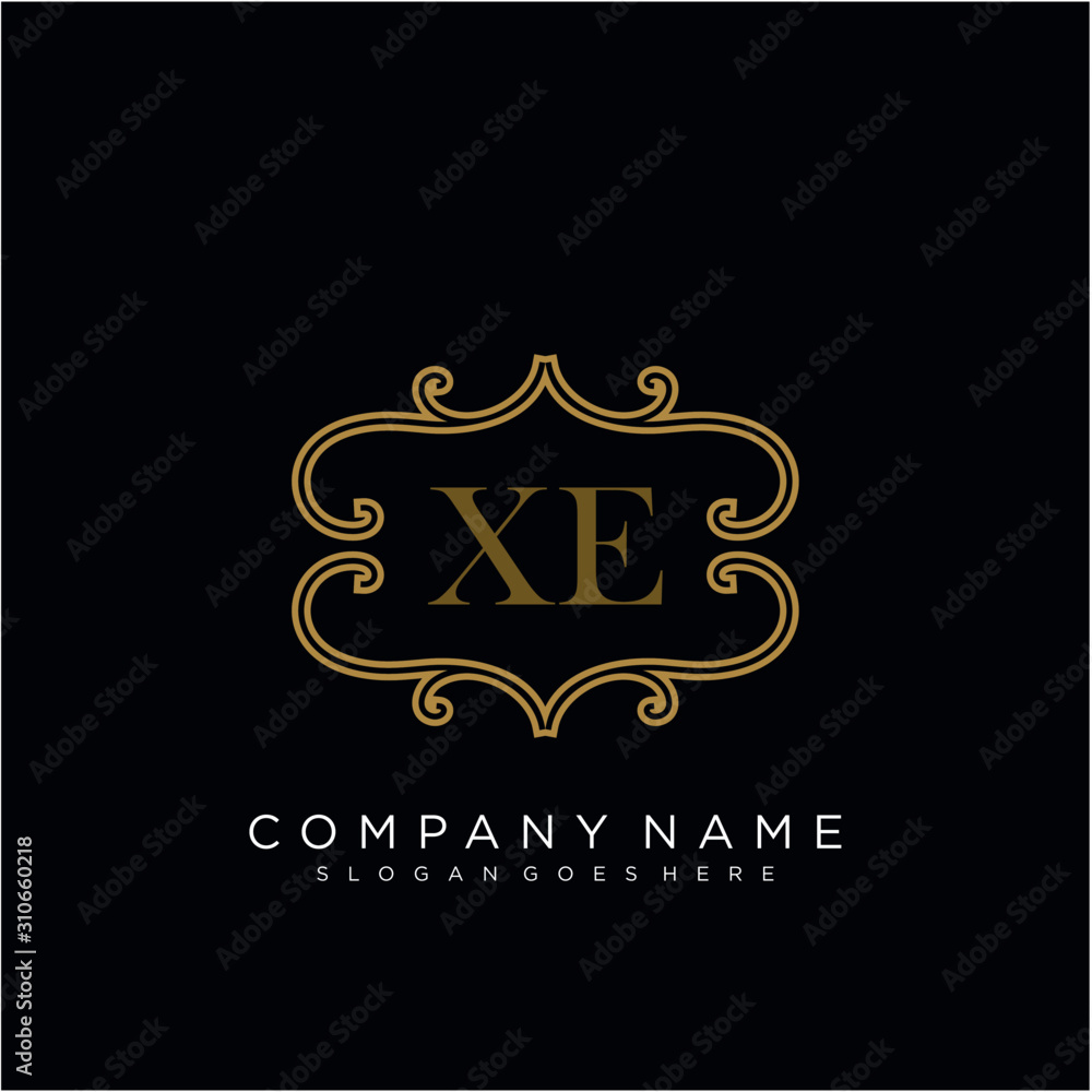 Initial letter XE logo luxury vector mark, gold color elegant classical 
