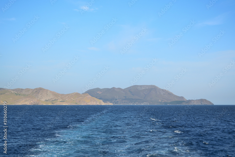 Seascape from turkish aegean island Gokceada made from the ship