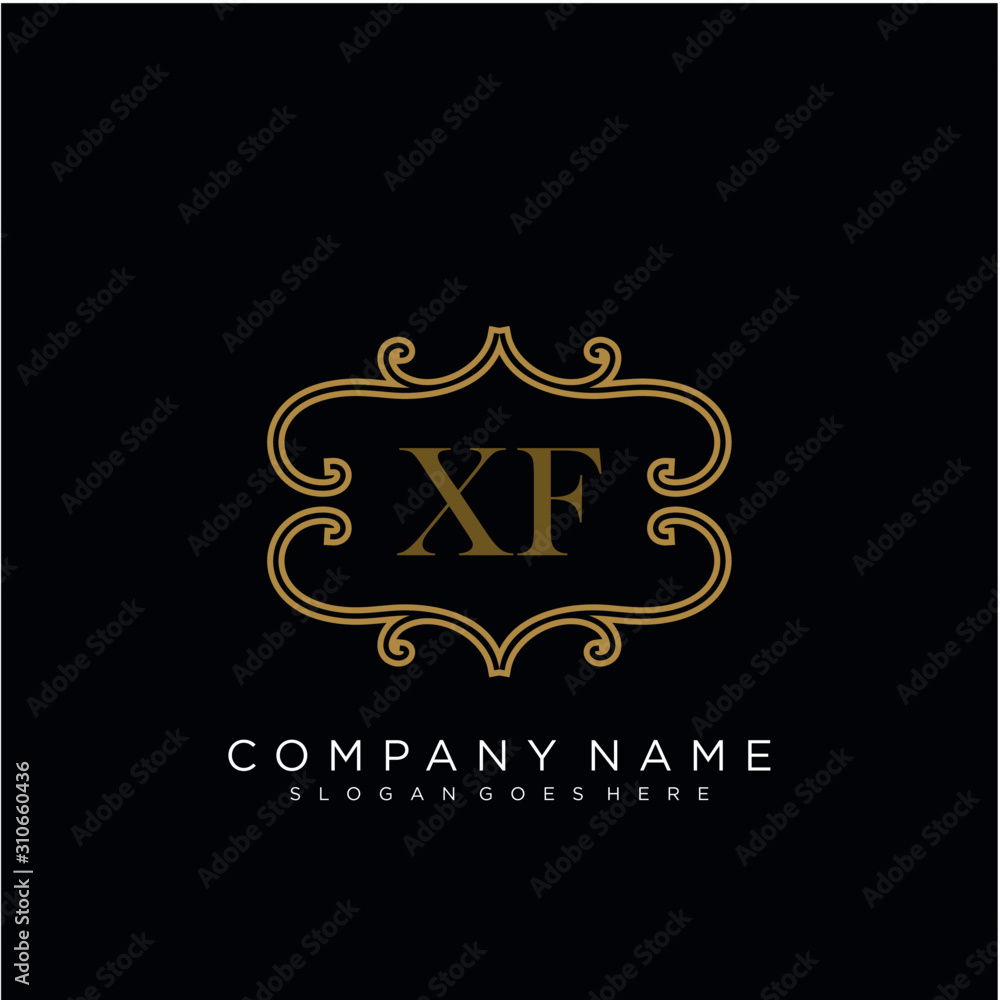 Initial letter XF logo luxury vector mark, gold color elegant classical 