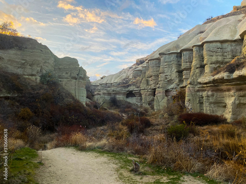 Ancient rock formations. A famous place for flying in balloons. Tourist place.. View of Cappadocia. Turkey November 5  2019.