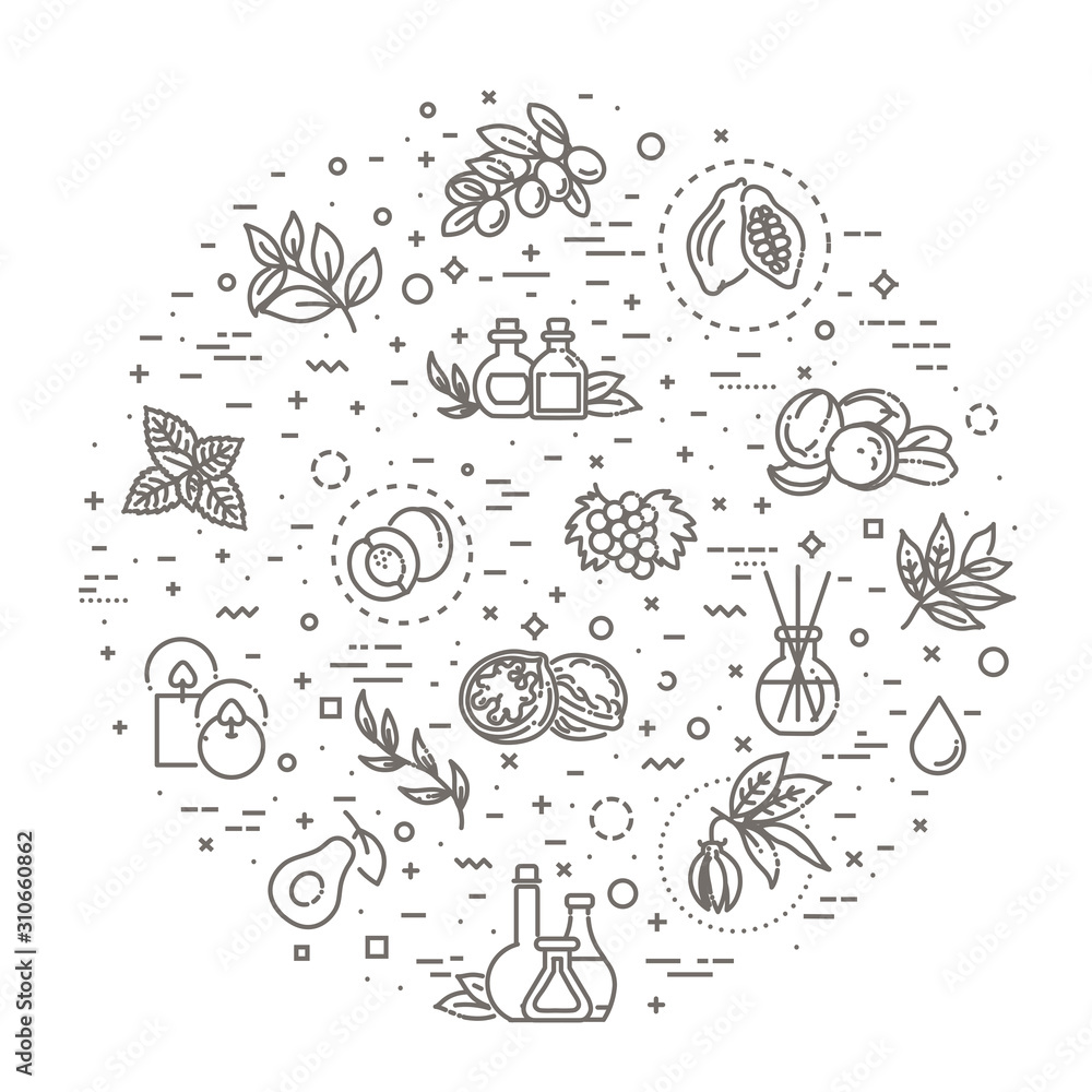 Fototapeta premium Vector set of natural ingredients and oils for cosmetics in linear style