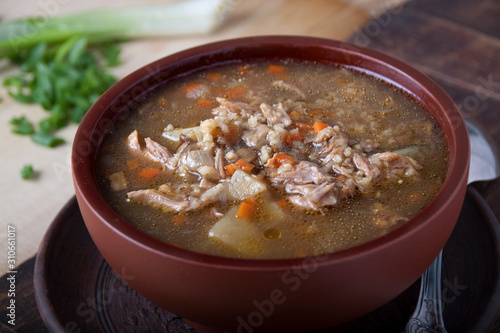 Mushroom soup with vegetables and barley © severga