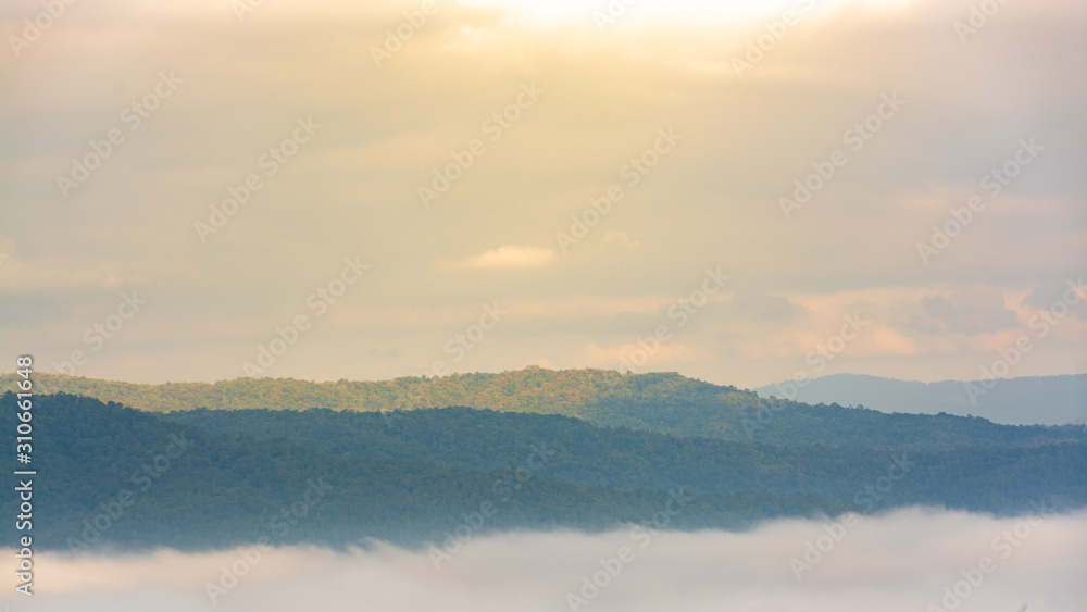 Fototapeta premium Beautiful mountain of the view point. Scenic beauty with mist in the morning. Phu Pha Nong, Loei, Thailand