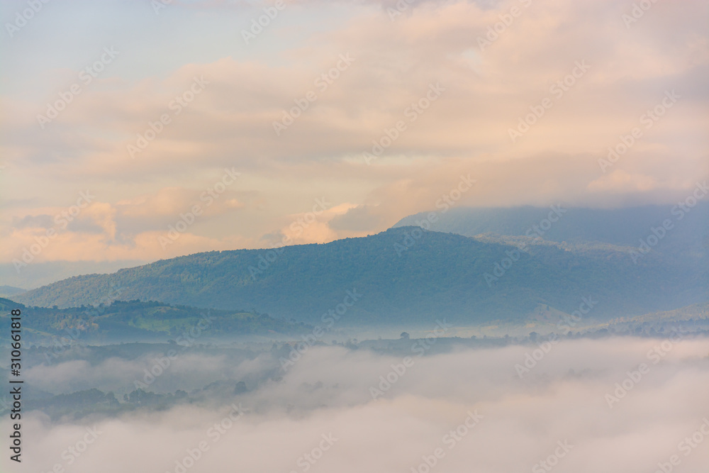 Beautiful mountain of the view point. Scenic beauty with mist in the morning. Phu Pha Nong, Loei, Thailand