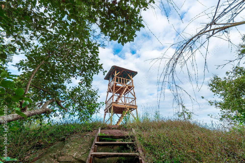 Wooden tower for viewing panoramic mountain views.