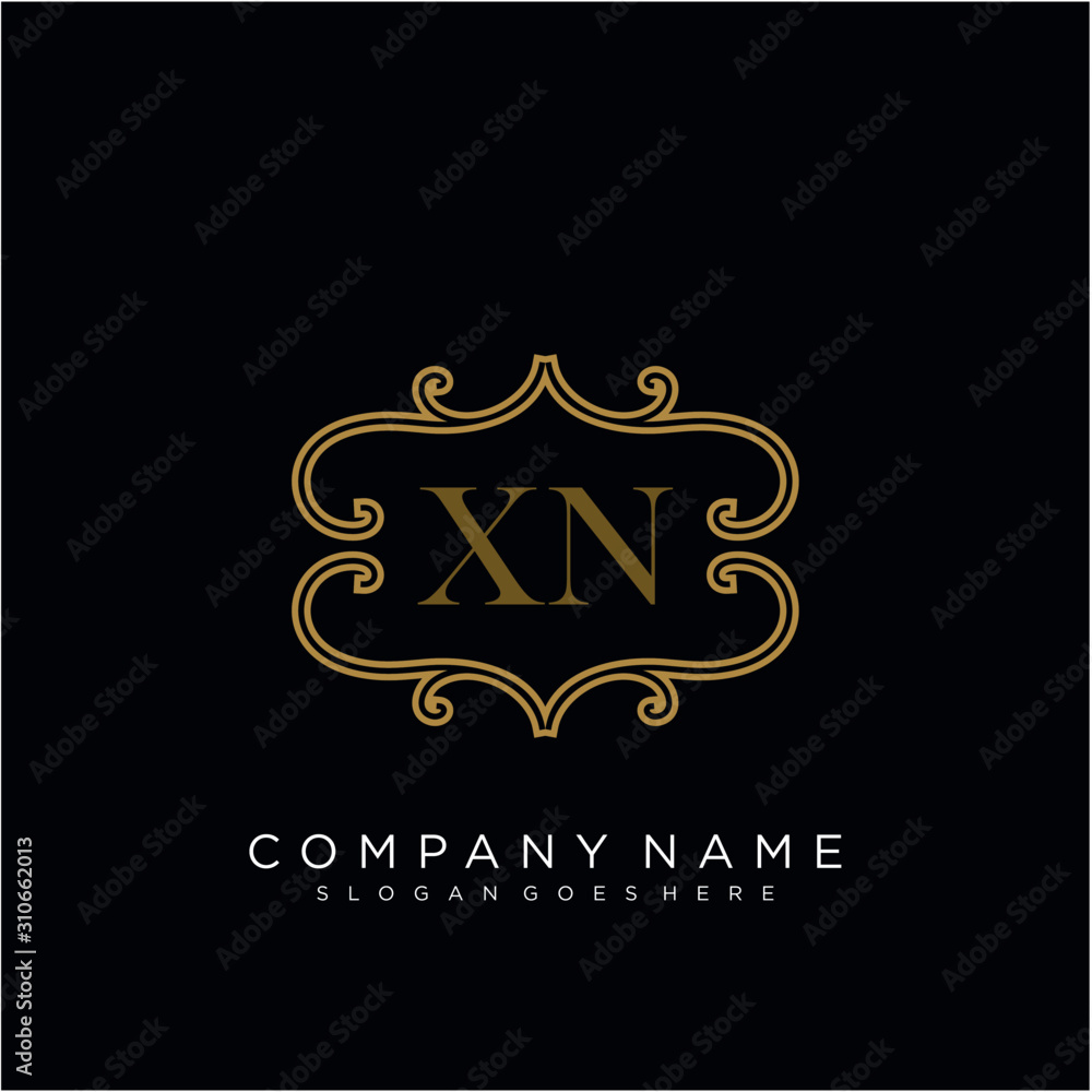 Initial letter XN logo luxury vector mark, gold color elegant classical 