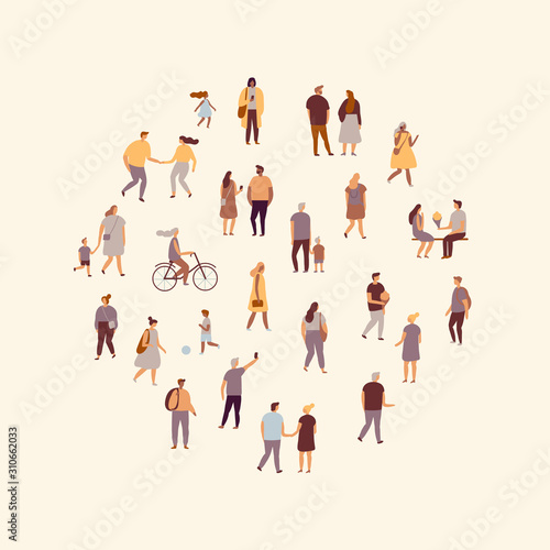 Walking tiny people  flat vector set isolated on white. Men and women, teens, parents. Crowd.