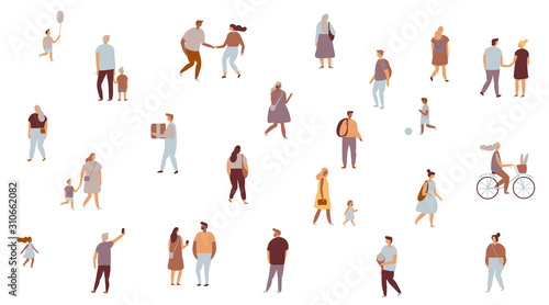 Walking tiny people  flat vector set isolated on white. Men and women, teens, parents. Crowd.