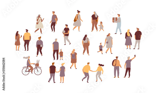 Walking tiny people  flat vector set isolated on white. Men and women, teens, parents. Crowd.