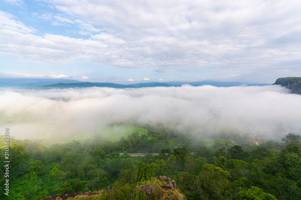 Beautiful mountain of the view point. Scenic beauty with mist in the morning. Phu Pha Nong, Loei, Thailand