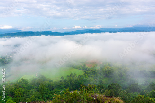 Beautiful mountain of the view point. Scenic beauty with mist in the morning. Phu Pha Nong, Loei, Thailand © Sitthipong