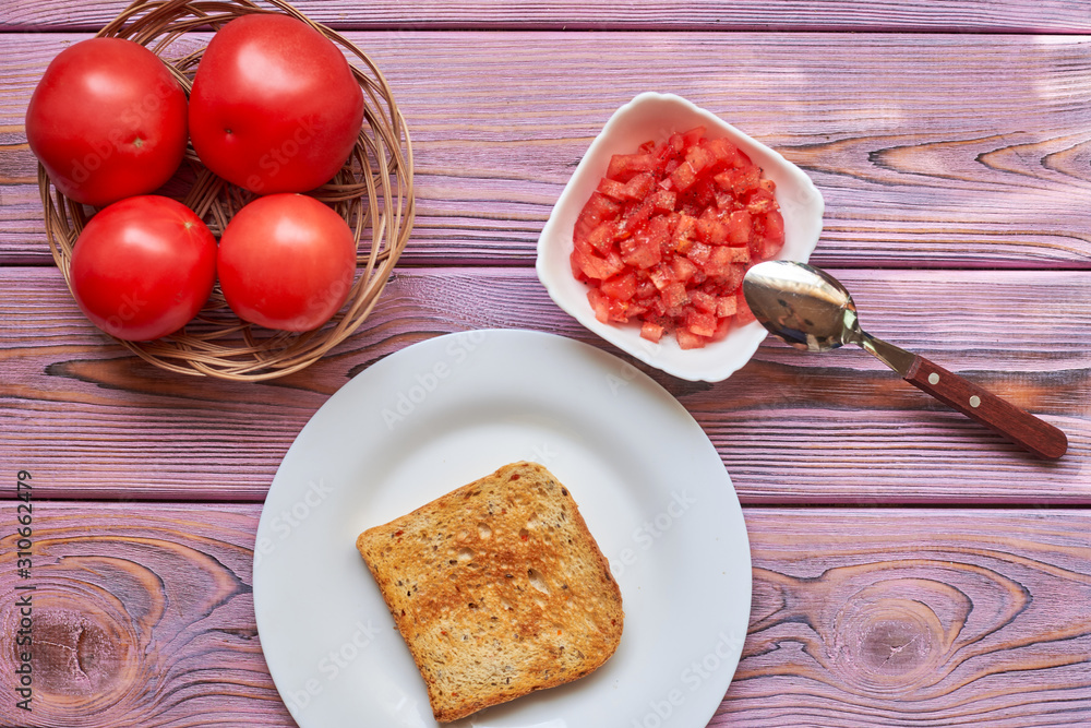 custom made wallpaper toronto digitalToasted toasts and chopped tomatoes. Vegetarian bruschetta cooking with fresh tomatoes and pepper on white bread.