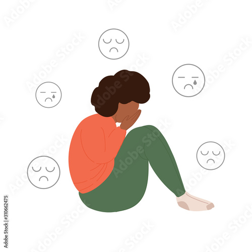 African American depressed fat women. Sad, unhappy, stressed, girls sits and crying. Stock vector illustration isolated in white background.Mental illness and overweight concept.