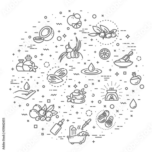 Vector set of natural ingredients and oils for cosmetics in linear style