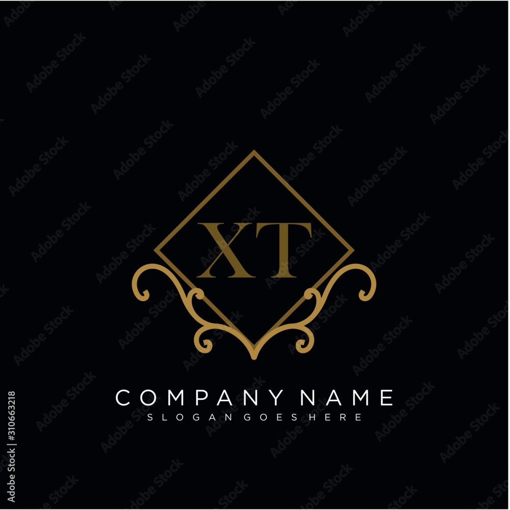 Fototapeta premium Initial letter XT logo luxury vector mark, gold color elegant classical 