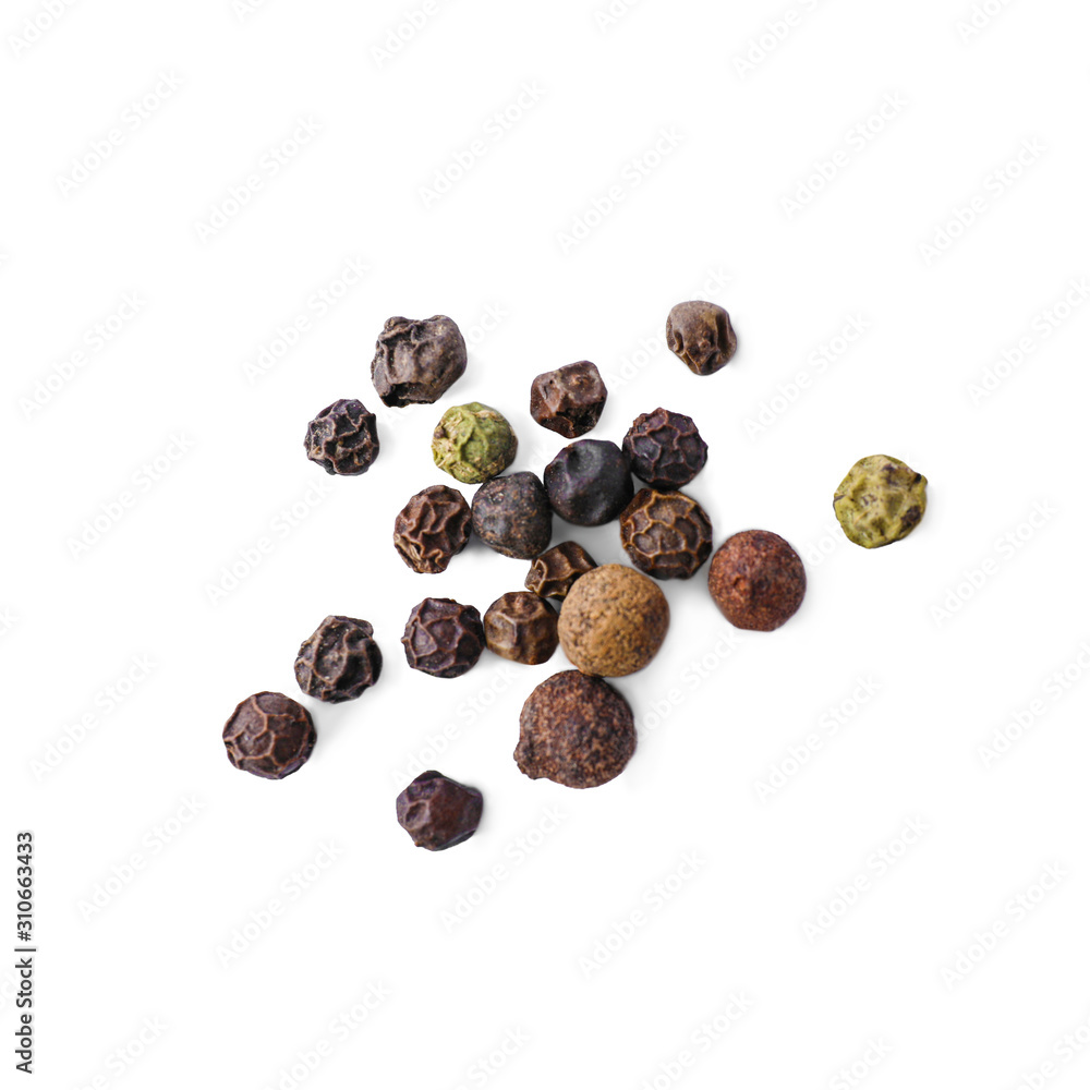Heap of mixed peppercorns isolated on white, top view Heap of mixed peppercorns isolated on white, top view