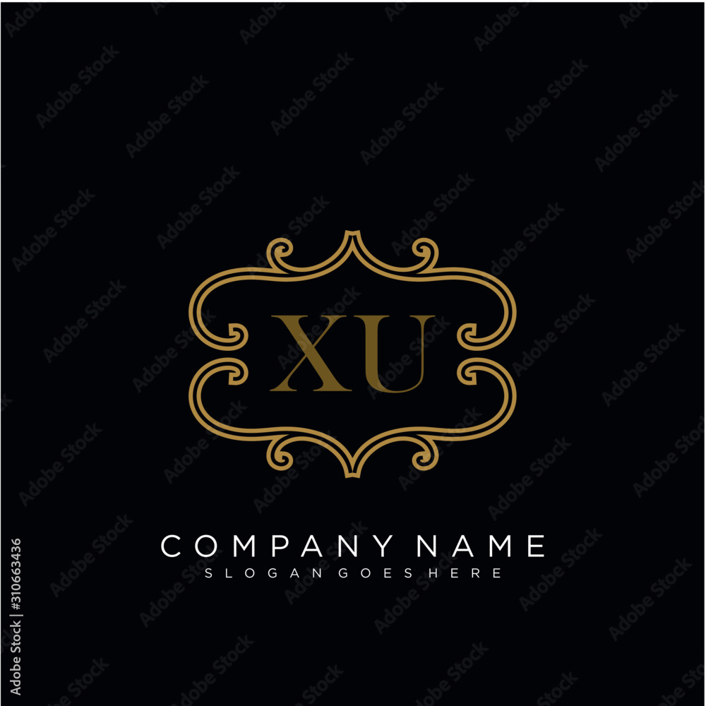 Initial letter XU logo luxury vector mark, gold color elegant classical 