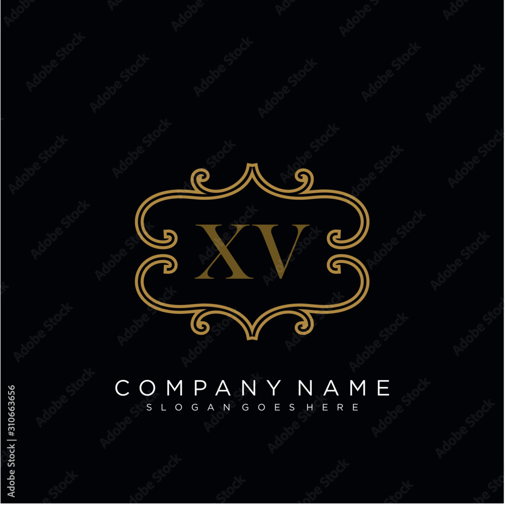 Initial letter XV logo luxury vector mark, gold color elegant classical 