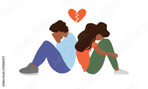 Depressed African American man and woman in a quarrel. Sad unhappy young nigerian couple. Conflicts between husband and wife. Break, divorce, breaking heart vector concept.