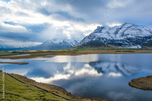 Iceland beautiful mountain view with snow and sun