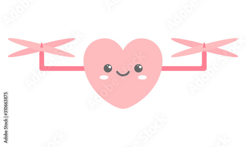 Kawaii heart is flying. Cute face.  Wireless device with propellers, Copter with remote controller, quadcopter, aircraft with remotely radio controlled flying robots, multicopter vector