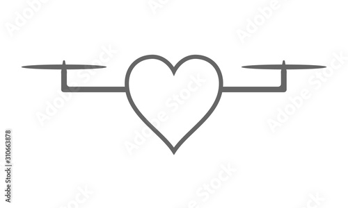 Heart in flight. Abstract drone. Wireless device with propellers, Copter with remote controller, quadcopter, aircraft with remotely radio controlled flying robots, multicopter vector