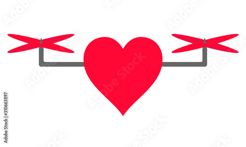 Red heart in flight. Wireless device with propellers, Copter with remote controller, quadcopter, aircraft with remotely radio controlled flying robots, multicopter vector