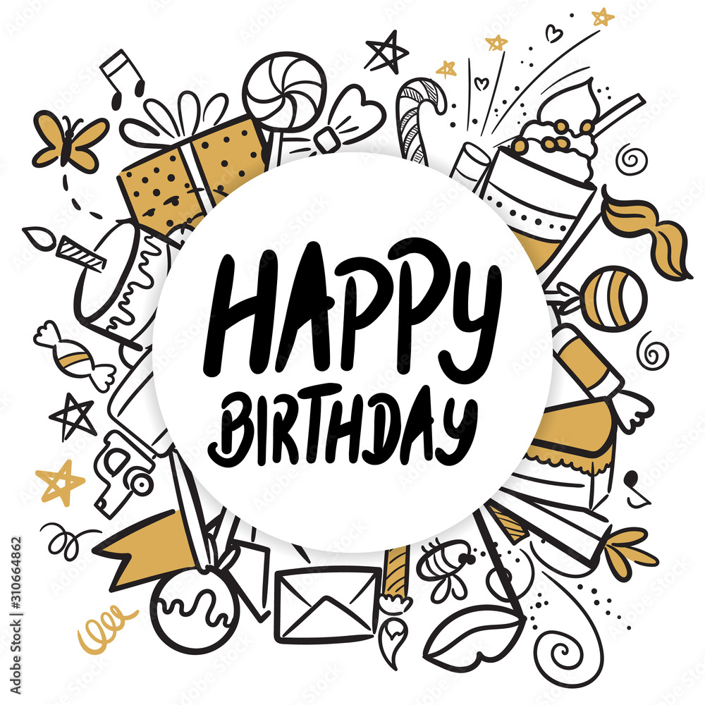 Vector illustration of Happy Birthday badge set. Design elements with lettering text for greeting cards, banner, print. Cake, candle, gift, balloon and other elements isolated on white background