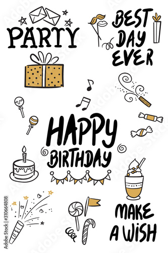 Vector illustration of Happy Birthday badge set. Design elements with lettering text for greeting cards  banner  print. Cake  candle  gift  balloon and other elements isolated on white background
