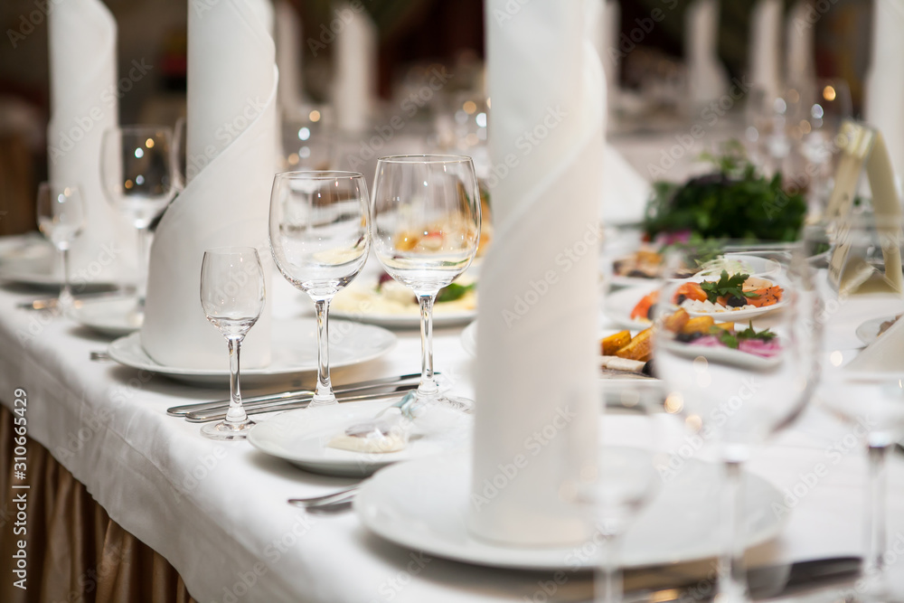 Fototapeta premium Served for banquet restaurant table with dishes, snack, wine glasses