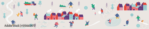 Winter city with people horizontal banner.  Winter outdoor activities - skating, skiing, throwing snowballs, building snowman. Crowd of people in warm clothes flat vector illustration.