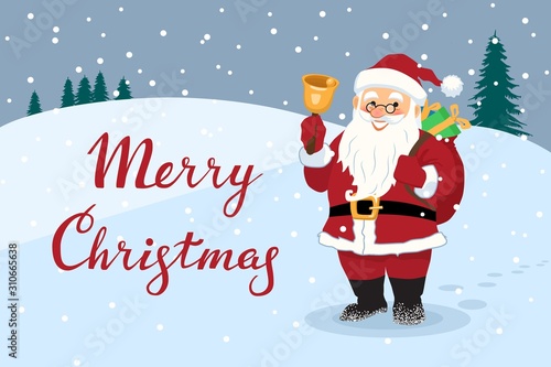 Santa Claus is standing with a bell in his hand and a bag of gifts behind his back, near the inscription Merry Christmas