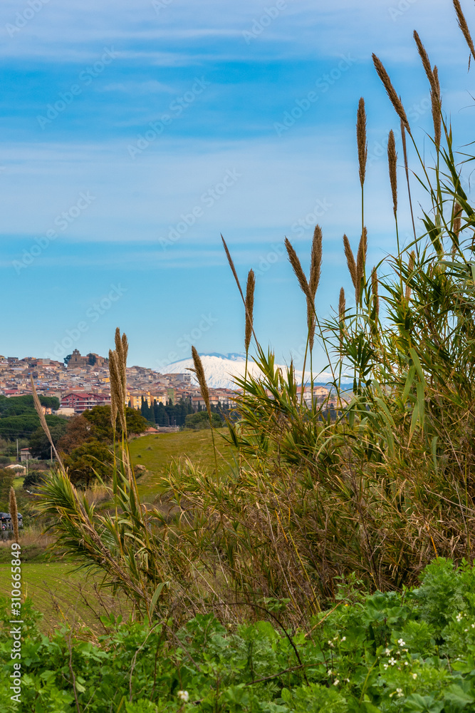 Cityscape of Mazzarino with the Mount Etna in the Background, Caltanissetta, Sicily, Italy, Europe