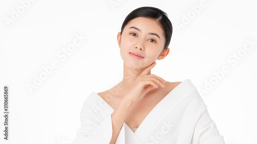 Healthy skin,Facial treatment and cosmetic ideas concept.Smiling happy face of a pretty young asian woman with creative hairstyle and Clean Fresh bare Skin concept.Asian Girl beauty face skincare.