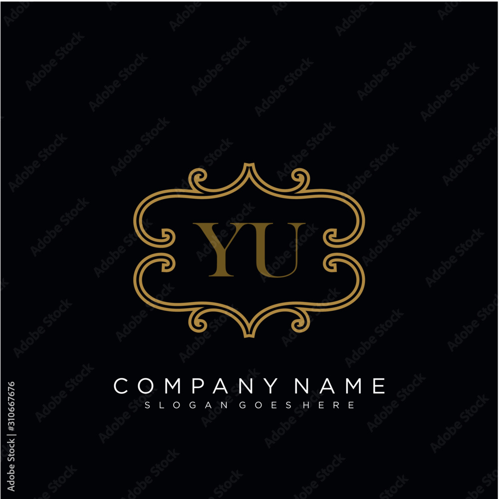 Initial letter YU logo luxury vector mark, gold color elegant classical 