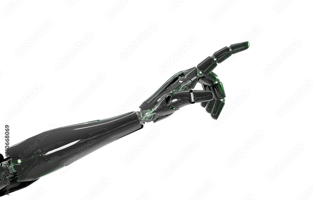 Black and green intelligent robot cyborg arm pointing finger on white 3D rendering Black and green intelligent robot cyborg arm pointing finger on white 3D rendering