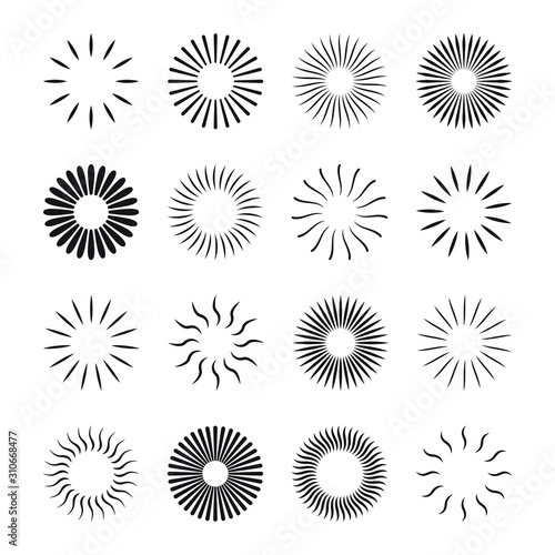Starburst and sunburst radial effect set with different style for decorative design isolated on white background. vector illustration