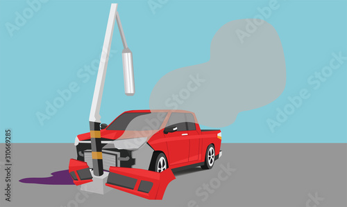 Damage pick up car crash pole light accident cannot drive. There was steam coming out of the radiator.The front is severely damaged. The equipment is broken.