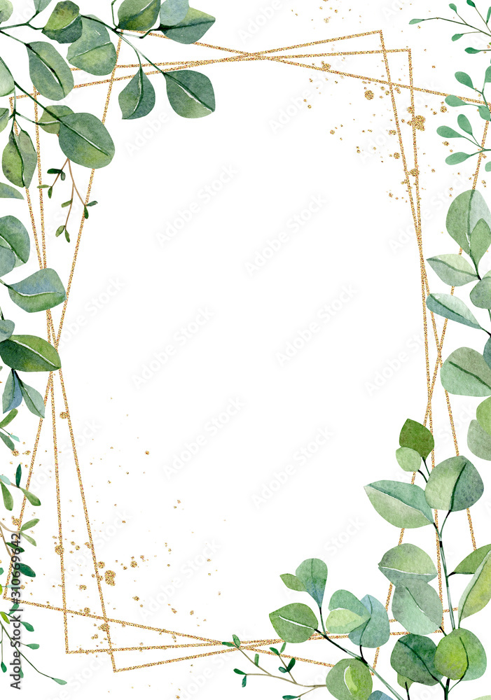 Watercolor hand painted greenery plants and nature eco design wedding card. Floral branches and leaves silver dollar eucalyptus and garden plants. Illustration for design, banner , greeting card. - obrazy, fototapety, plakaty 