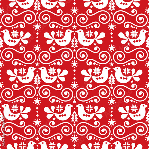 Scandinavian Christmas folk seamless vector pattern, repetitive floral cute Nordic design with birds in white on red background