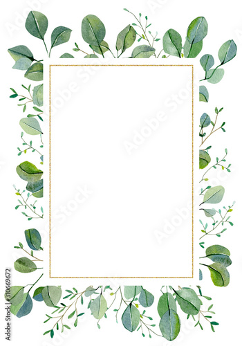 Watercolor hand painted silver dollar eucalyptus and greenery plant wedding card. Greenery branches and leaves isolated on white background. Floral illustration for card, poster, print, banner