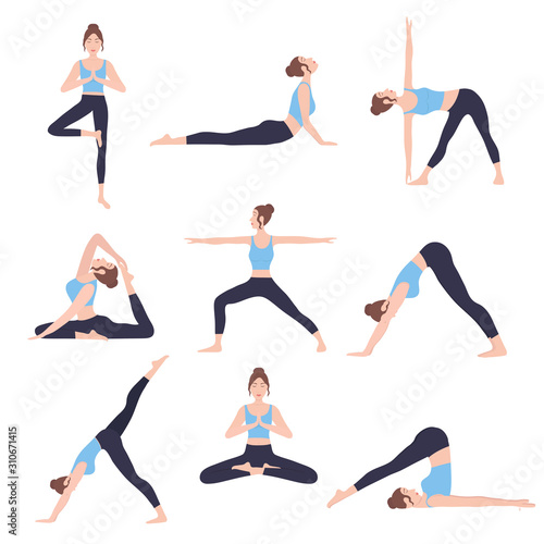 Young woman performing physical exercises. Bundle of female cartoon character demonstrating yoga positions isolated on white background. Colorful flat vector illustration