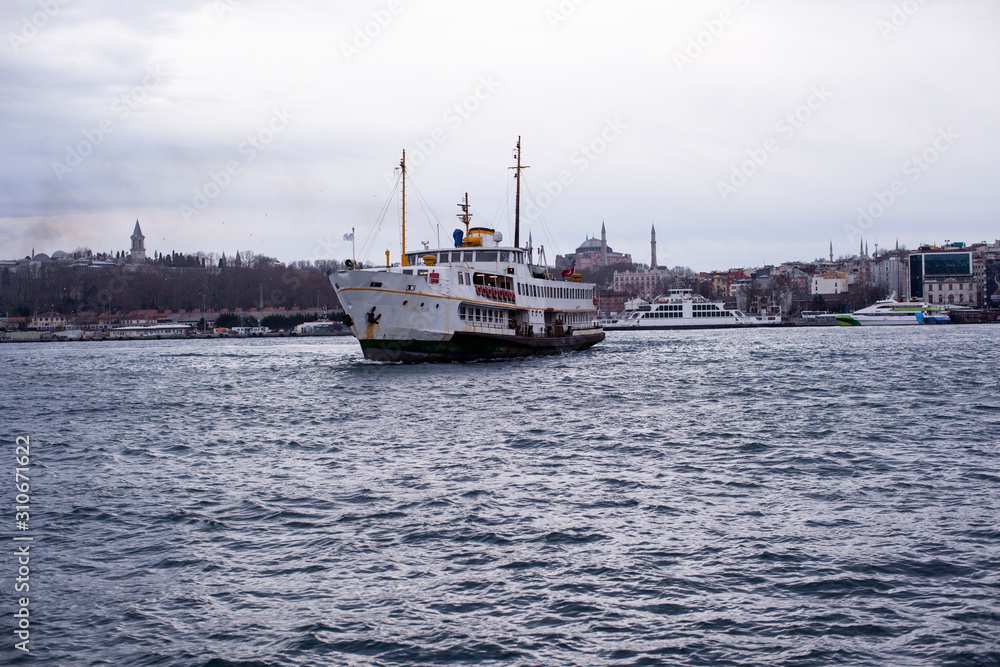 Istanbul, Bosphorus. Passenger ferry. Hagia Sophia in the background.