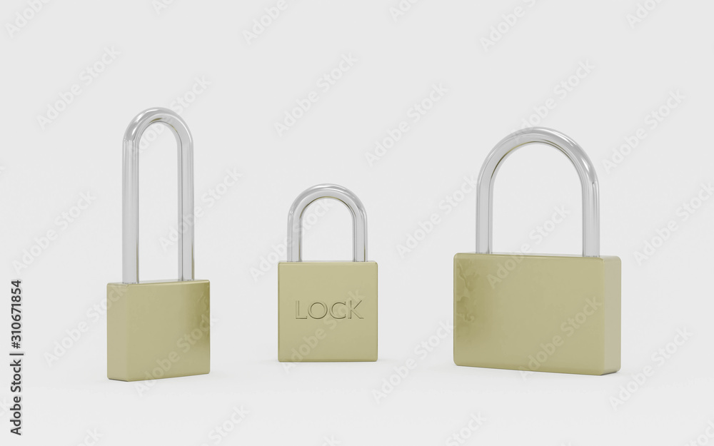 Set of different golden metal locks on white background 3d illustration render Set of different golden metal locks on white background 3d illustration render