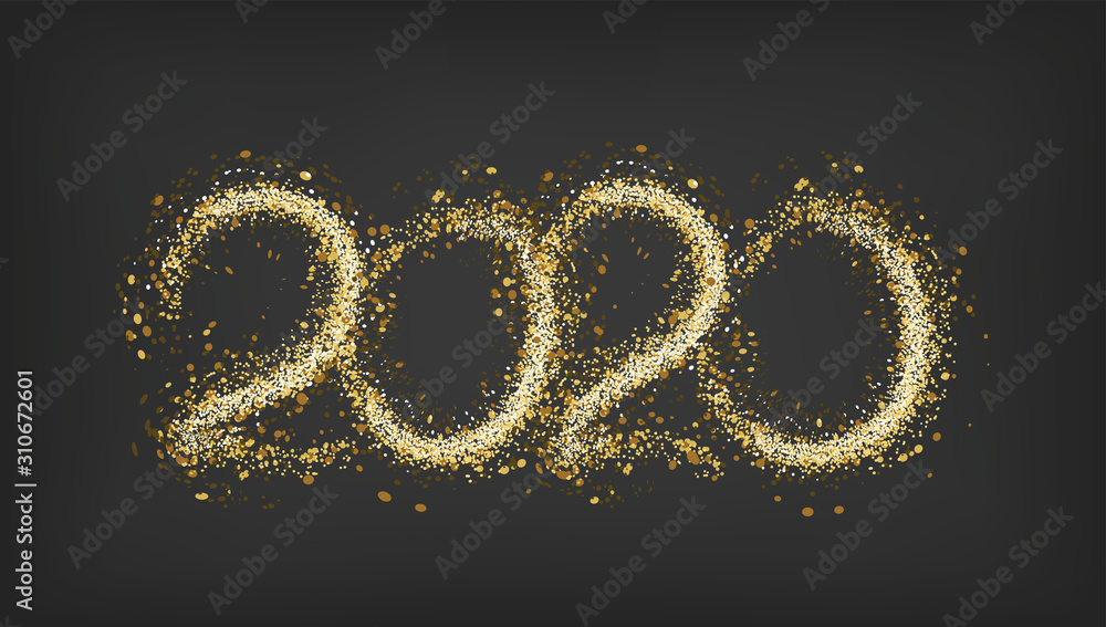 2020 New Year vector design. Black golden background with gold sparkler light festive decoration, web, gift card or print banner layout template 2020 New Year vector design. Black golden background with gold sparkler light festive decoration, web, gift card or print banner layout template