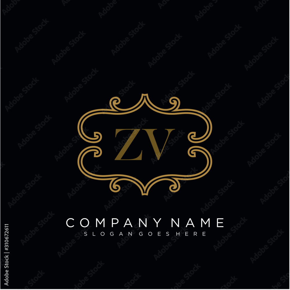 Initial letter ZV logo luxury vector mark, gold color elegant classical