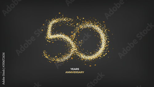 50 years anniversary vector design. Black golden background with gold sparkler light festive decoration, web, gift card or print banner layout template
